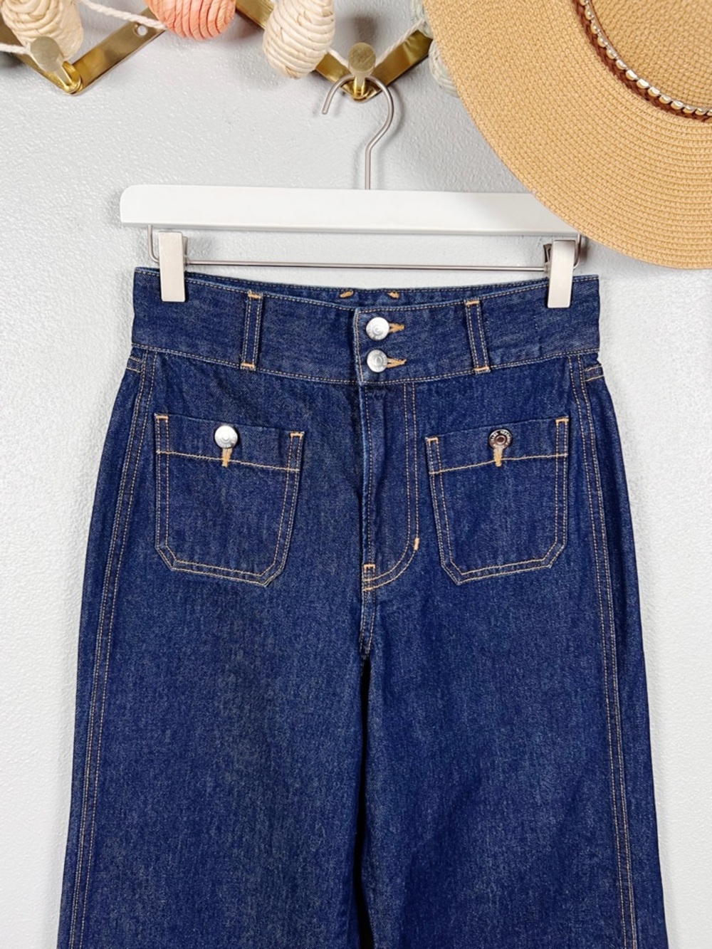 Veronica Beard Taylor Wide Leg High Rise Patch Pocket Jeans Indigo Rinse Size 26 - Picture 3 of 12